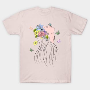 Woman with Spring Flowers and Butterflies T-Shirt